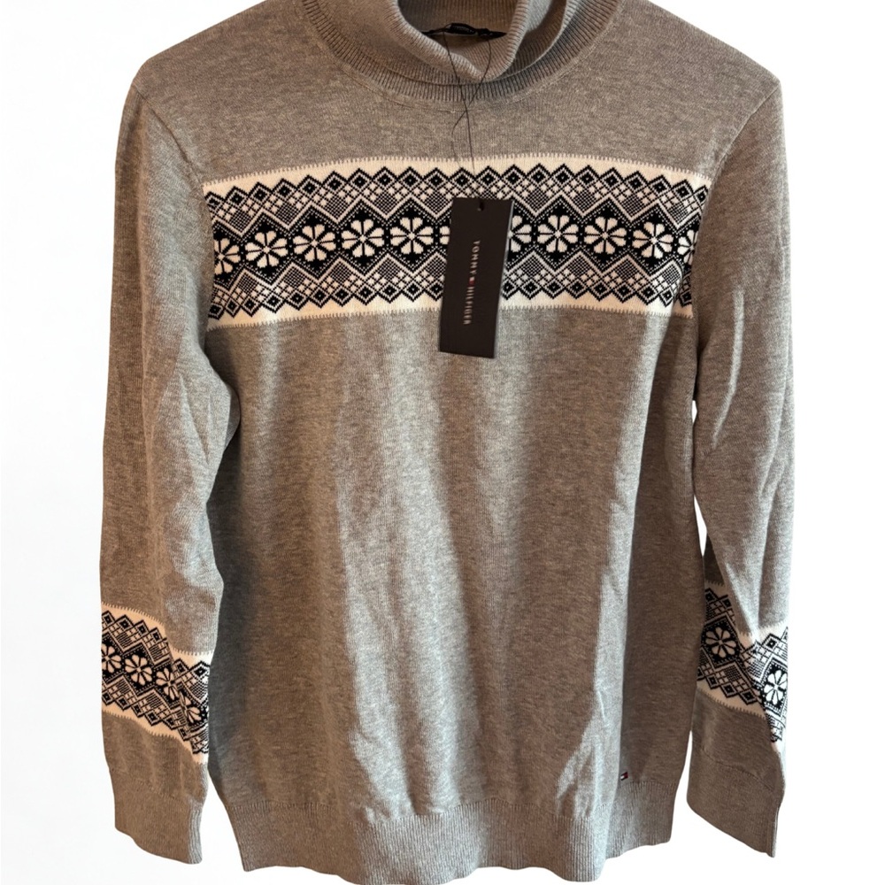 Womens Tommy Hilfiger Turtleneck Gray Black White “Stella” Sweater Large NWT
